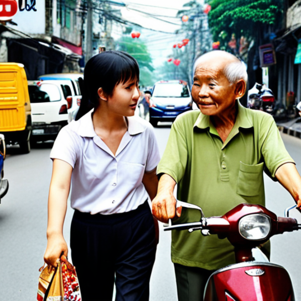 **Prompt:** A young Vietnamese woman helping an elderly person cross a busy street in Hanoi, showcasing empathy and compassion. Focus on the kindness in her eyes and the gratitude in the elderly person's expression. Capture the bustling atmosphere of Hanoi with motorbikes and street vendors in the background.