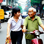 **Prompt:** A young Vietnamese woman helping an elderly person cross a busy street in Hanoi, showcasing empathy and compassion. Focus on the kindness in her eyes and the gratitude in the elderly person's expression. Capture the bustling atmosphere of Hanoi with motorbikes and street vendors in the background.
