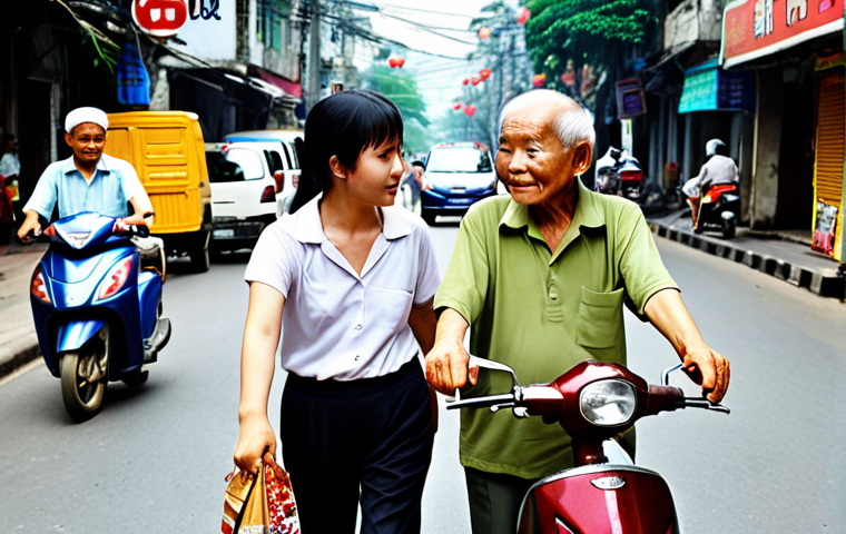 **Prompt:** A young Vietnamese woman helping an elderly person cross a busy street in Hanoi, showcasing empathy and compassion. Focus on the kindness in her eyes and the gratitude in the elderly person's expression. Capture the bustling atmosphere of Hanoi with motorbikes and street vendors in the background.