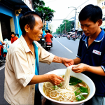 **A compassionate hand offering help to a person in need in a bustling Ho Chi Minh City street.** The hand is extending a bowl of pho (traditional Vietnamese noodle soup) to a homeless person. The image should convey empathy and kindness in a realistic, street-level view.