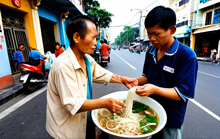 **A compassionate hand offering help to a person in need in a bustling Ho Chi Minh City street.** The hand is extending a bowl of pho (traditional Vietnamese noodle soup) to a homeless person. The image should convey empathy and kindness in a realistic, street-level view.