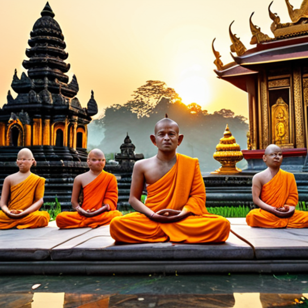 **

"A serene temple scene in Southeast Asia at sunset, featuring intricate carvings and golden statues blending Hindu and Buddhist iconography. Monks in saffron robes are meditating peacefully. Lotus flowers bloom in the foreground. Fully clothed figures, appropriate content, safe for work, perfect anatomy, natural proportions, professional photography, high quality, family-friendly."

**