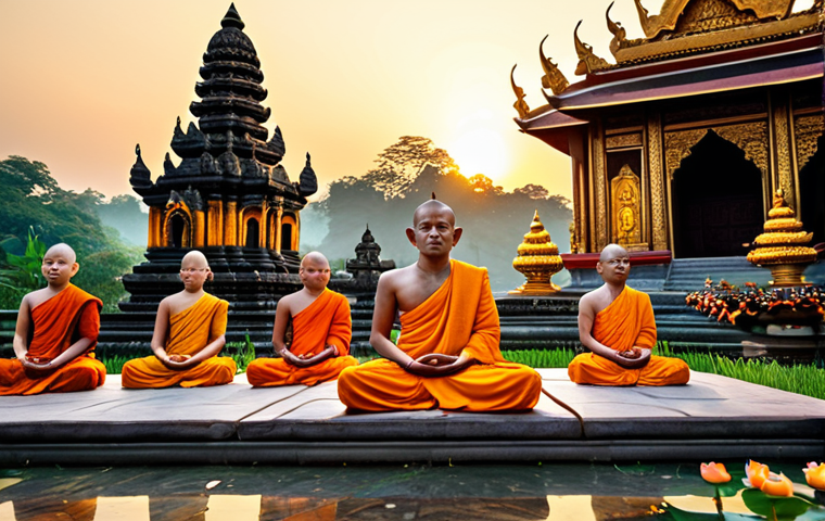 **

"A serene temple scene in Southeast Asia at sunset, featuring intricate carvings and golden statues blending Hindu and Buddhist iconography. Monks in saffron robes are meditating peacefully. Lotus flowers bloom in the foreground. Fully clothed figures, appropriate content, safe for work, perfect anatomy, natural proportions, professional photography, high quality, family-friendly."

**