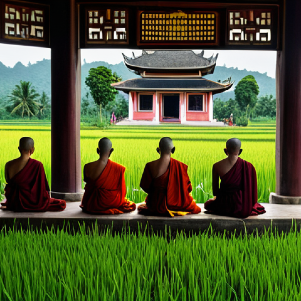 **

"A serene Buddhist temple nestled in the Vietnamese countryside, surrounded by rice paddies, fully clothed monks meditating peacefully, safe for work, appropriate content, family-friendly, perfect anatomy, natural proportions, professional photography, high quality, modest attire."

**