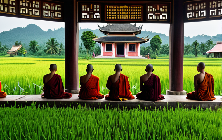 **

"A serene Buddhist temple nestled in the Vietnamese countryside, surrounded by rice paddies, fully clothed monks meditating peacefully, safe for work, appropriate content, family-friendly, perfect anatomy, natural proportions, professional photography, high quality, modest attire."

**