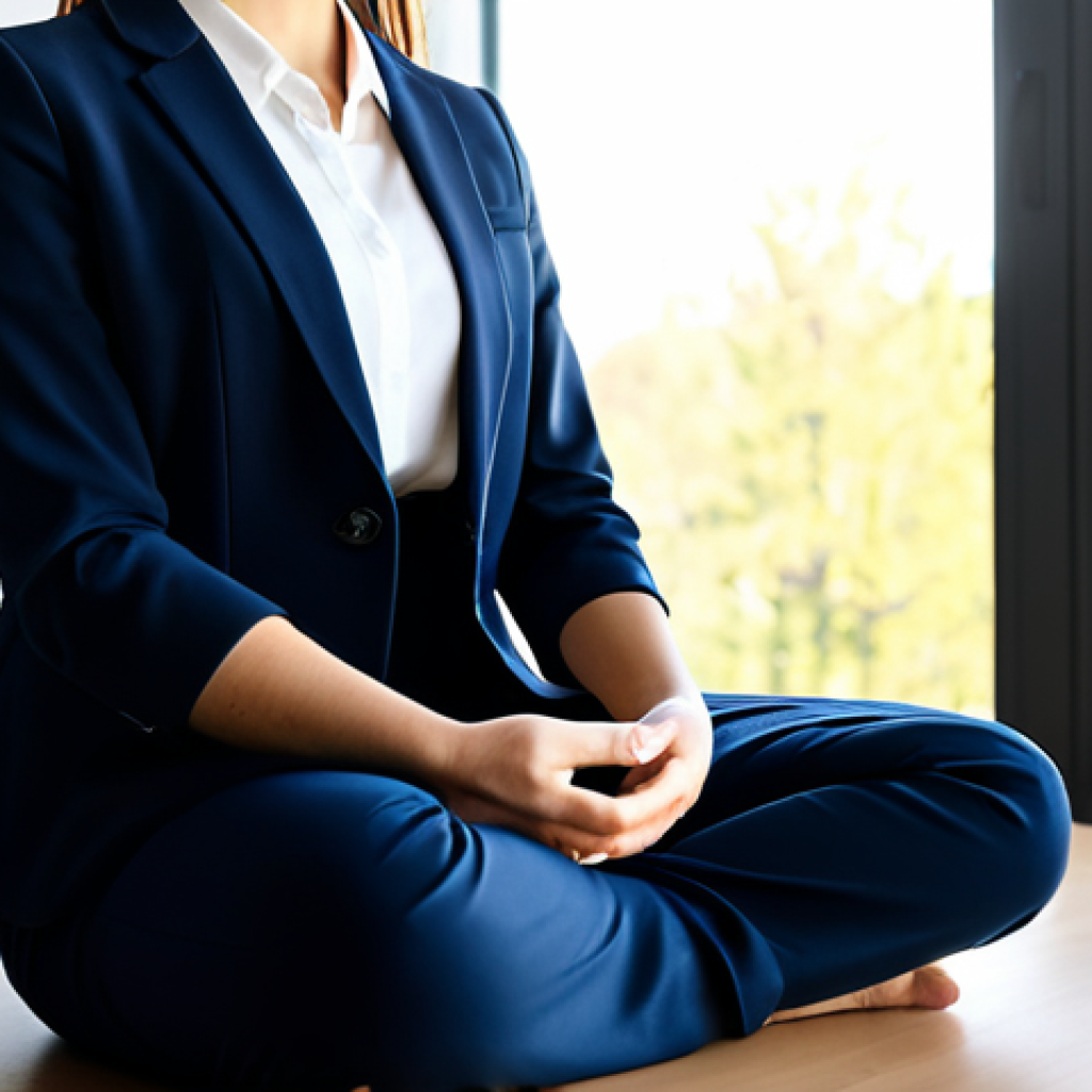 **A serene businesswoman practicing mindful meditation in a modern, minimalist office.** She is fully clothed in modest, professional attire (a tailored blazer and pants). Sunlight streams through a window overlooking a peaceful park.  The image emphasizes tranquility and focus, perfect anatomy, correct proportions, natural pose, well-formed hands, proper finger count, and natural body proportions. safe for work, appropriate content, fully clothed, professional.