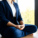 **A serene businesswoman practicing mindful meditation in a modern, minimalist office.** She is fully clothed in modest, professional attire (a tailored blazer and pants). Sunlight streams through a window overlooking a peaceful park.  The image emphasizes tranquility and focus, perfect anatomy, correct proportions, natural pose, well-formed hands, proper finger count, and natural body proportions. safe for work, appropriate content, fully clothed, professional.