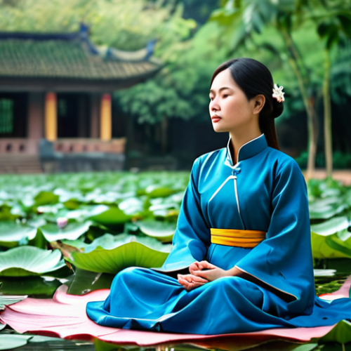 Home 17 불교에서의 현재의 중요성 - **
A Vietnamese woman in her late 20s, wearing a modest Ao Dai in a vibrant fabric, peacefully medi...