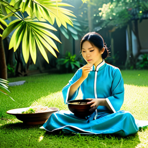Home 16 불교와 다이어트 - Mindful Eating in Vietnam**
"A Vietnamese woman, fully clothed in ao dai, mindfully eating a bowl o...