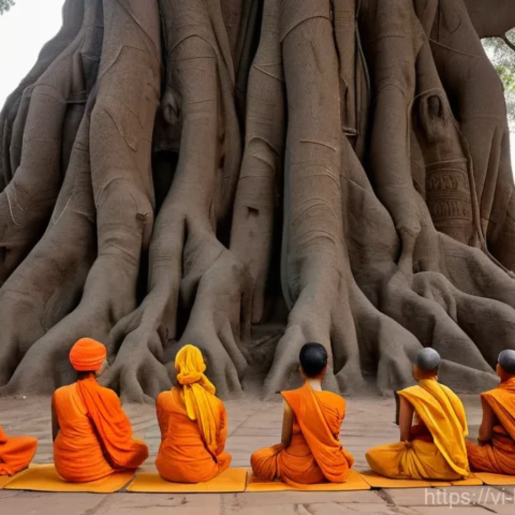 불교에서의 성차별 문제 - **Prompt:** A serene and respectful depiction of the historical moment when the Buddha accepts Mahap...