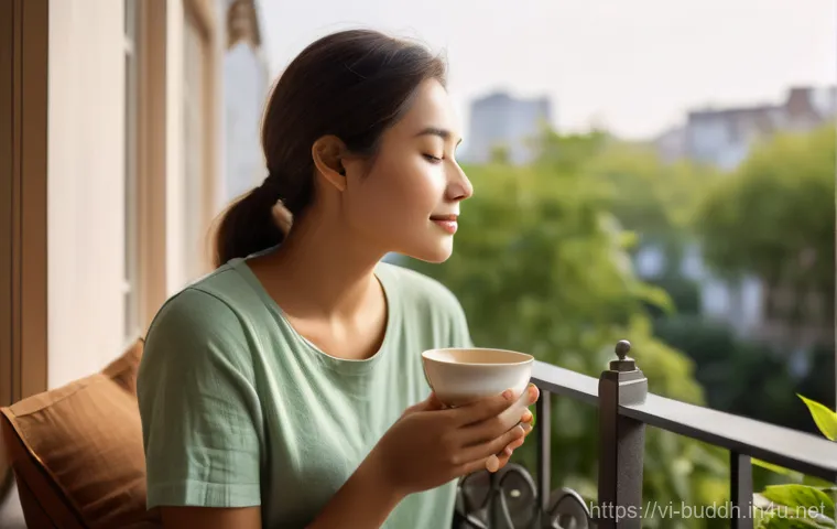 불교에서의 비움 - **Prompt: A serene young woman, dressed in a comfortable, modest t-shirt and loose linen pants, sits...