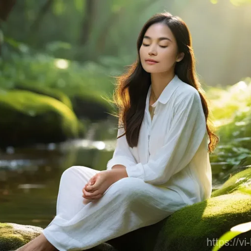 불교에서의 의식 확장 - **Prompt 1: Serene Mindfulness in Nature**
    A young Vietnamese woman, in her late 20s, with long,...