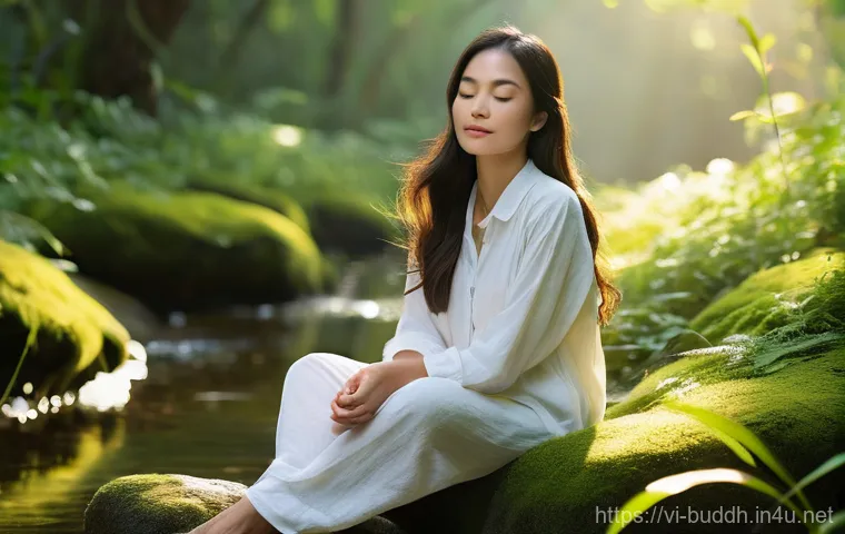 불교에서의 의식 확장 - **Prompt 1: Serene Mindfulness in Nature**
    A young Vietnamese woman, in her late 20s, with long,...