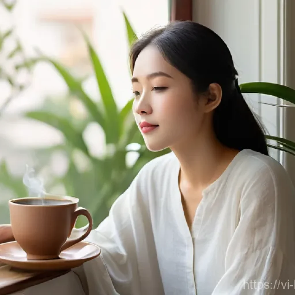 불교에서의 번뇌 극복 - **Mindful Morning Serenity in Hanoi:**
    A detailed, realistic image of a young Vietnamese woman, ...