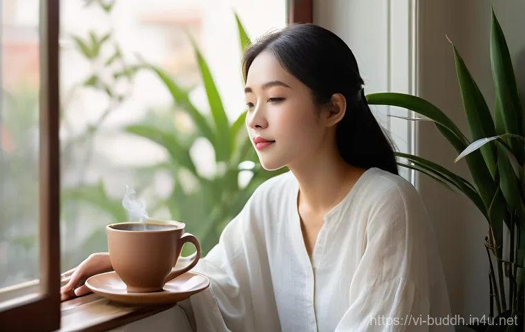 불교에서의 번뇌 극복 - **Mindful Morning Serenity in Hanoi:**
    A detailed, realistic image of a young Vietnamese woman, ...