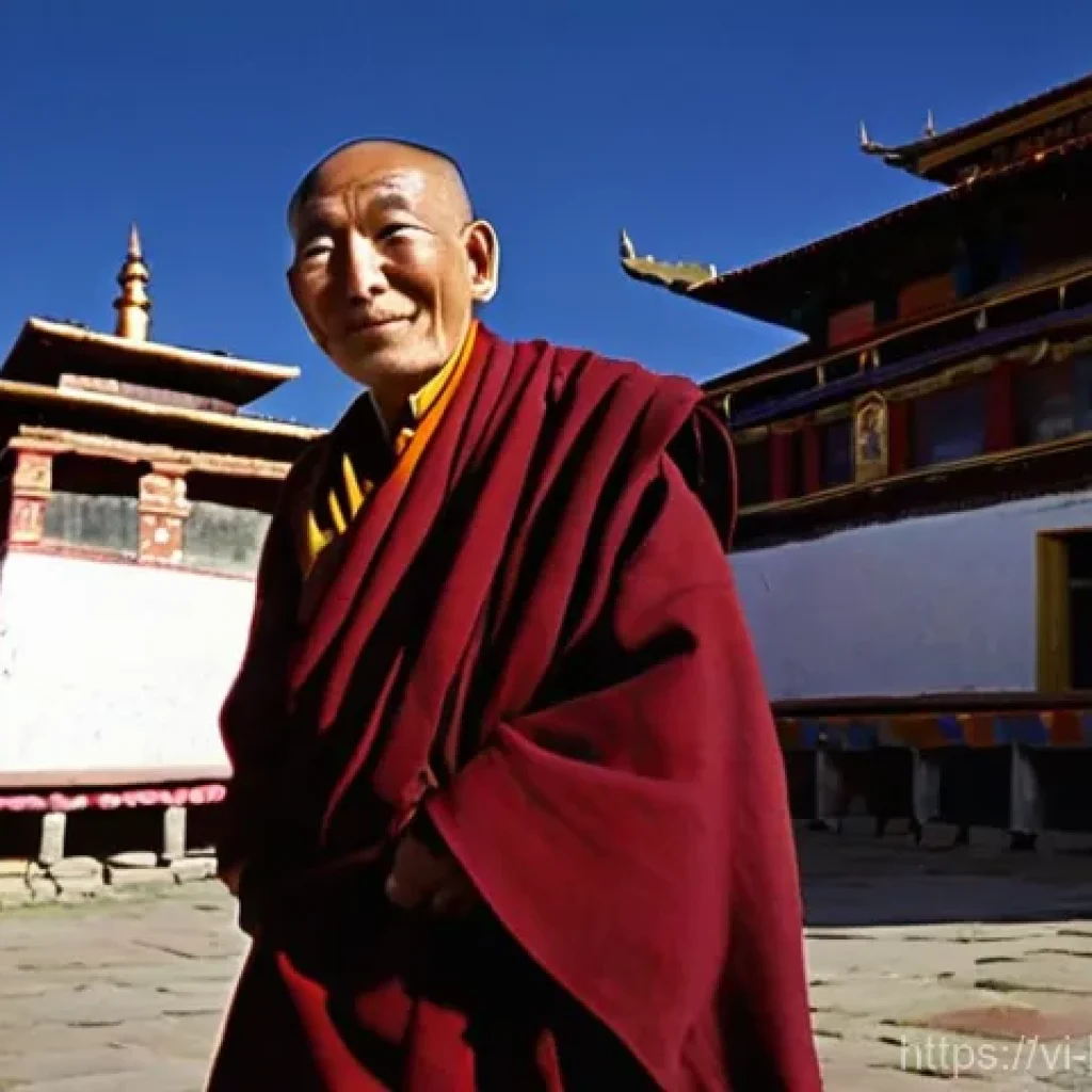 티베트 라마교 - **A Serene Tibetan Lama in a Monastery Courtyard:**
    A full-shot image of an elderly Tibetan Lama...