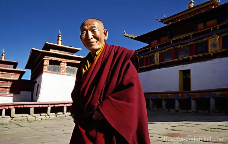 티베트 라마교 - **A Serene Tibetan Lama in a Monastery Courtyard:**
    A full-shot image of an elderly Tibetan Lama...