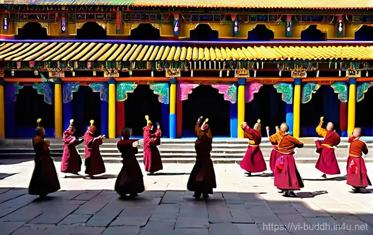티베트 라마교 - **Meticulous Creation of a Sand Mandala:**
    A close-up, high-angle shot focusing on the hands of ...