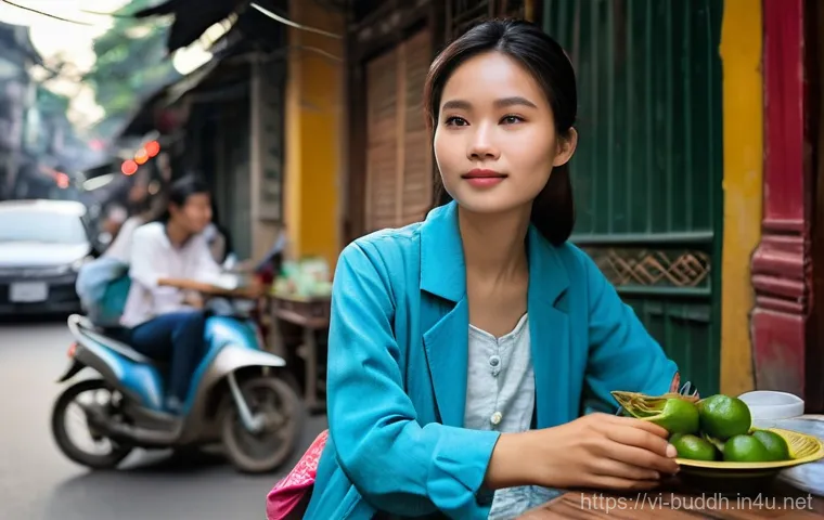불교에서의 초월과 내재 - **Prompt:** "A young Vietnamese woman in her late 20s is sitting calmly at a small, traditional stre...