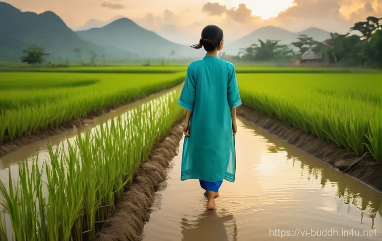 무상과 무아 - A serene young Vietnamese woman, wearing a modest, comfortable tunic dress with traditional patterns...