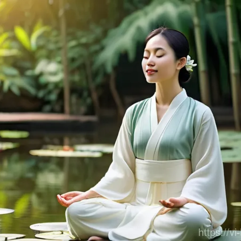 불교에서의 행복의 본질 - **Prompt:** A serene and calm woman in her late 20s to early 30s, with a gentle smile and closed eye...