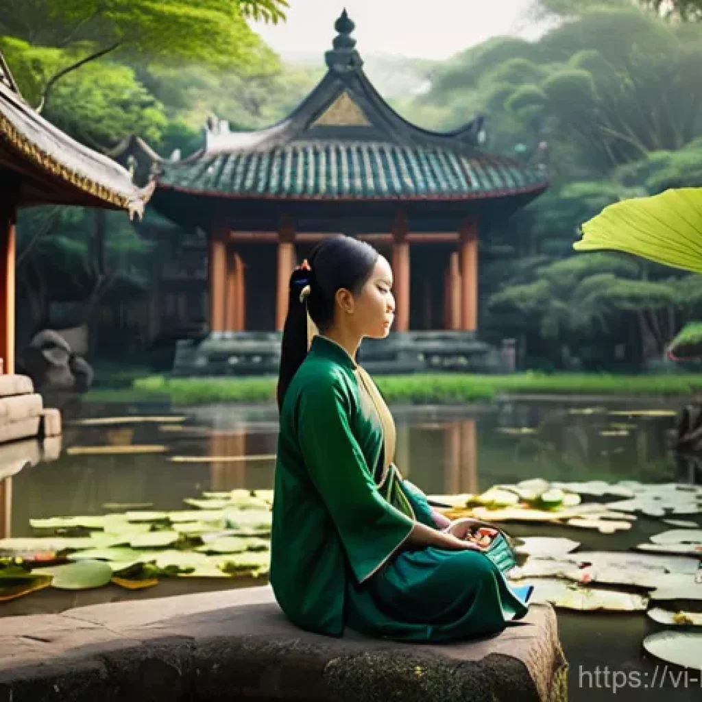 불교와 자연 - **Prompt:** "A serene woman, aged 20s-30s, wearing a modest, flowing traditional Vietnamese áo dài i...