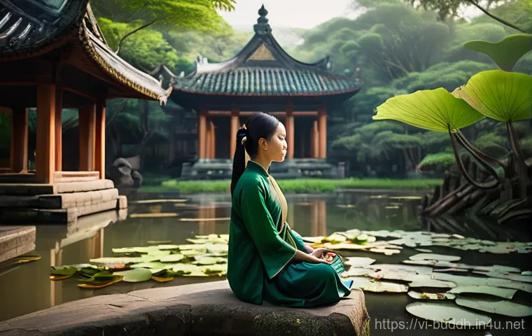 불교와 자연 - **Prompt:** "A serene woman, aged 20s-30s, wearing a modest, flowing traditional Vietnamese áo dài i...