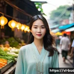 불교에서의 우주의 운행 - **Prompt:** A vibrant, bustling Vietnamese street scene, possibly a traditional market or a busy caf...