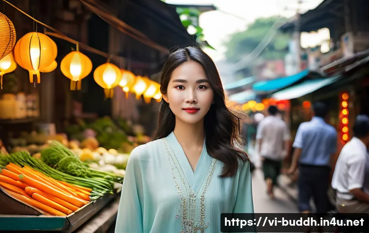 불교에서의 우주의 운행 - **Prompt:** A vibrant, bustling Vietnamese street scene, possibly a traditional market or a busy caf...