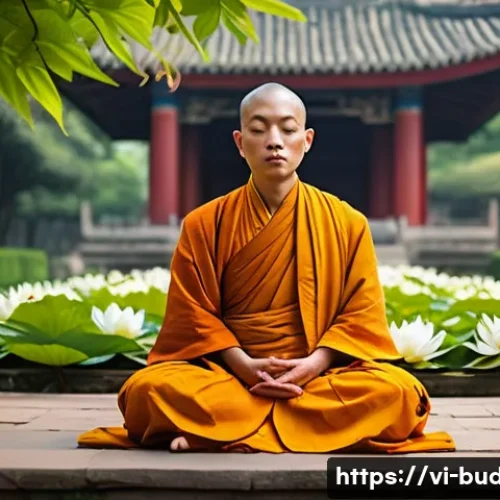 불교에서의 존엄과 가치 - A serene Vietnamese Buddhist monk meditating peacefully in a lush temple garden surrounded by lotus ...