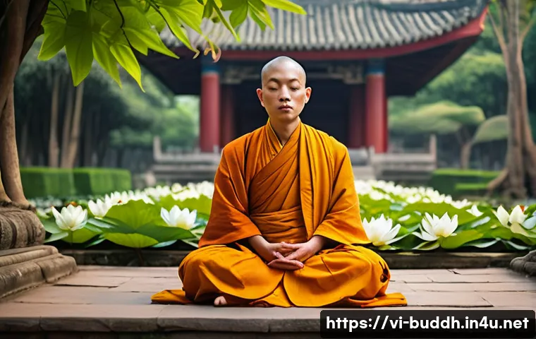 불교에서의 존엄과 가치 - A serene Vietnamese Buddhist monk meditating peacefully in a lush temple garden surrounded by lotus ...
