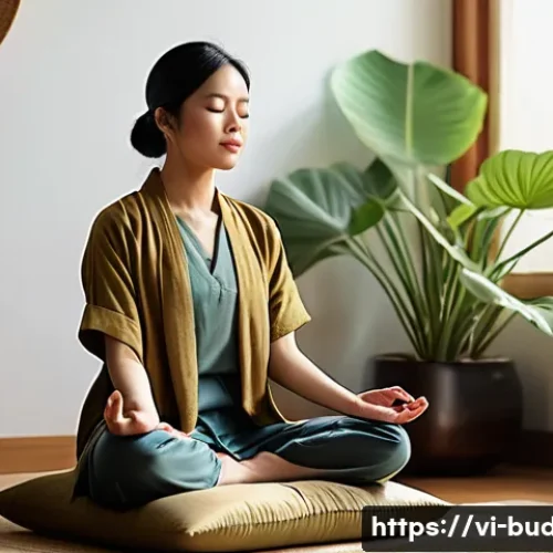 선불교의 기본 개념 - A serene Vietnamese woman practicing Zen meditation in a minimalist, sunlit corner of her home, sitt...