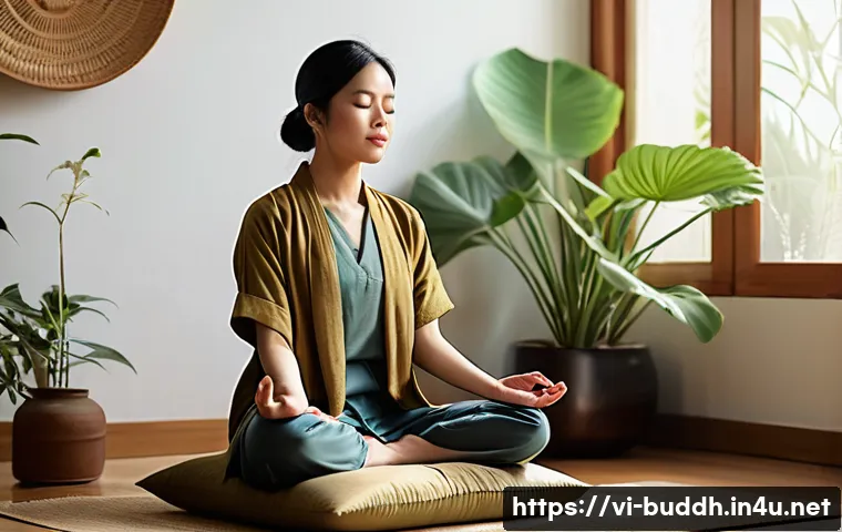 선불교의 기본 개념 - A serene Vietnamese woman practicing Zen meditation in a minimalist, sunlit corner of her home, sitt...