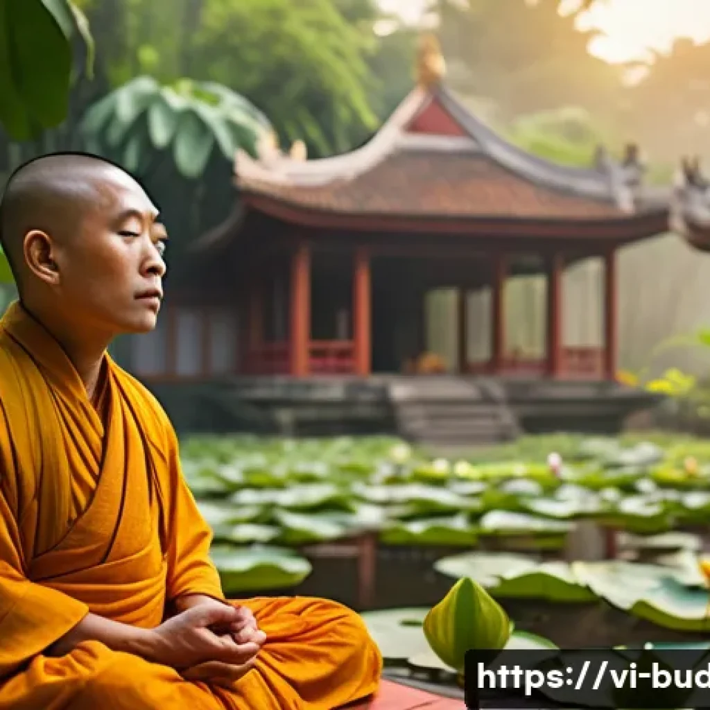 불교에서의 지혜의 여정 - A serene Vietnamese Buddhist monk meditating peacefully in a lush tropical garden at sunrise, surrou...