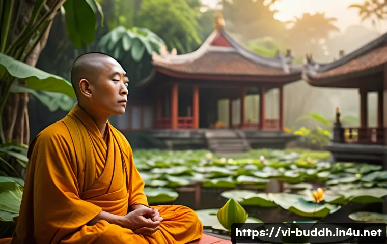 불교에서의 지혜의 여정 - A serene Vietnamese Buddhist monk meditating peacefully in a lush tropical garden at sunrise, surrou...