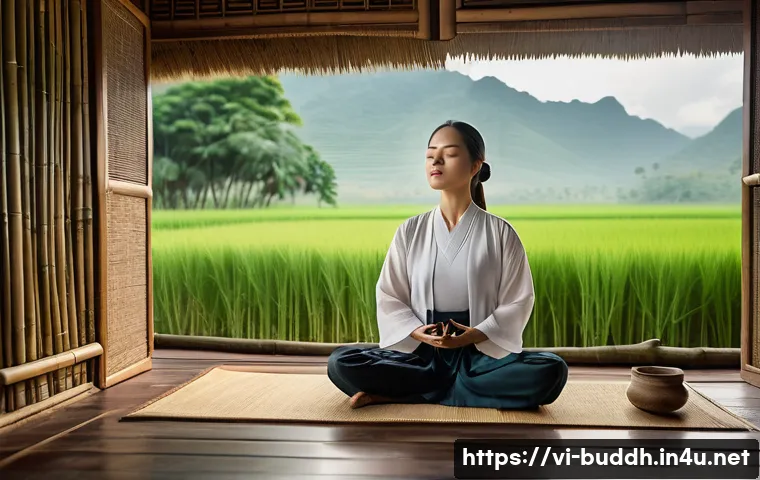 불교에서의 자기 통제 - A serene Vietnamese woman practicing morning meditation in a traditional bamboo house surrounded by ...