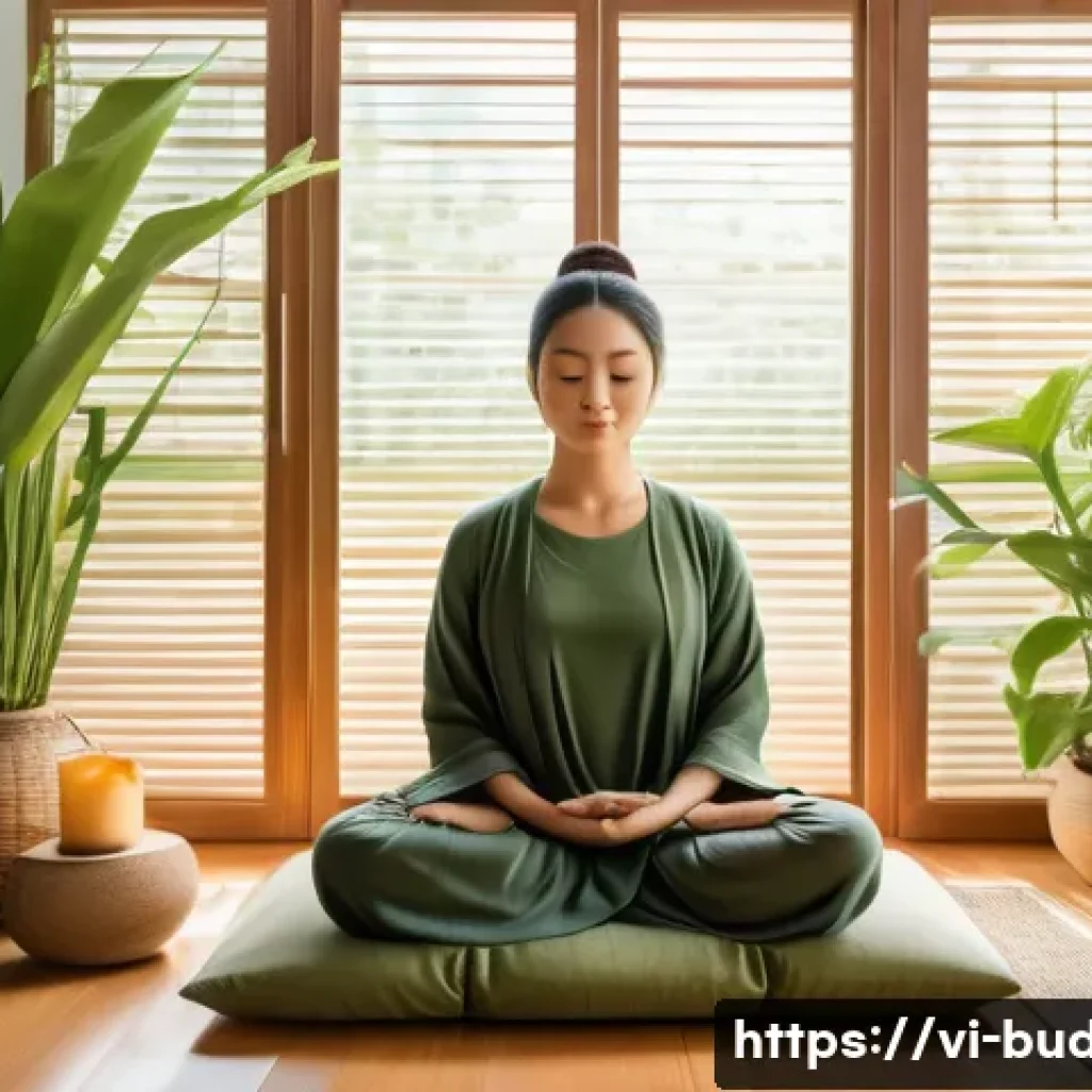 불교에서의 고요한 명상 - A serene Vietnamese woman practicing mindfulness meditation in a quiet, cozy corner of her modern ho...