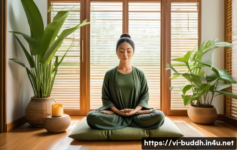 불교에서의 고요한 명상 - A serene Vietnamese woman practicing mindfulness meditation in a quiet, cozy corner of her modern ho...