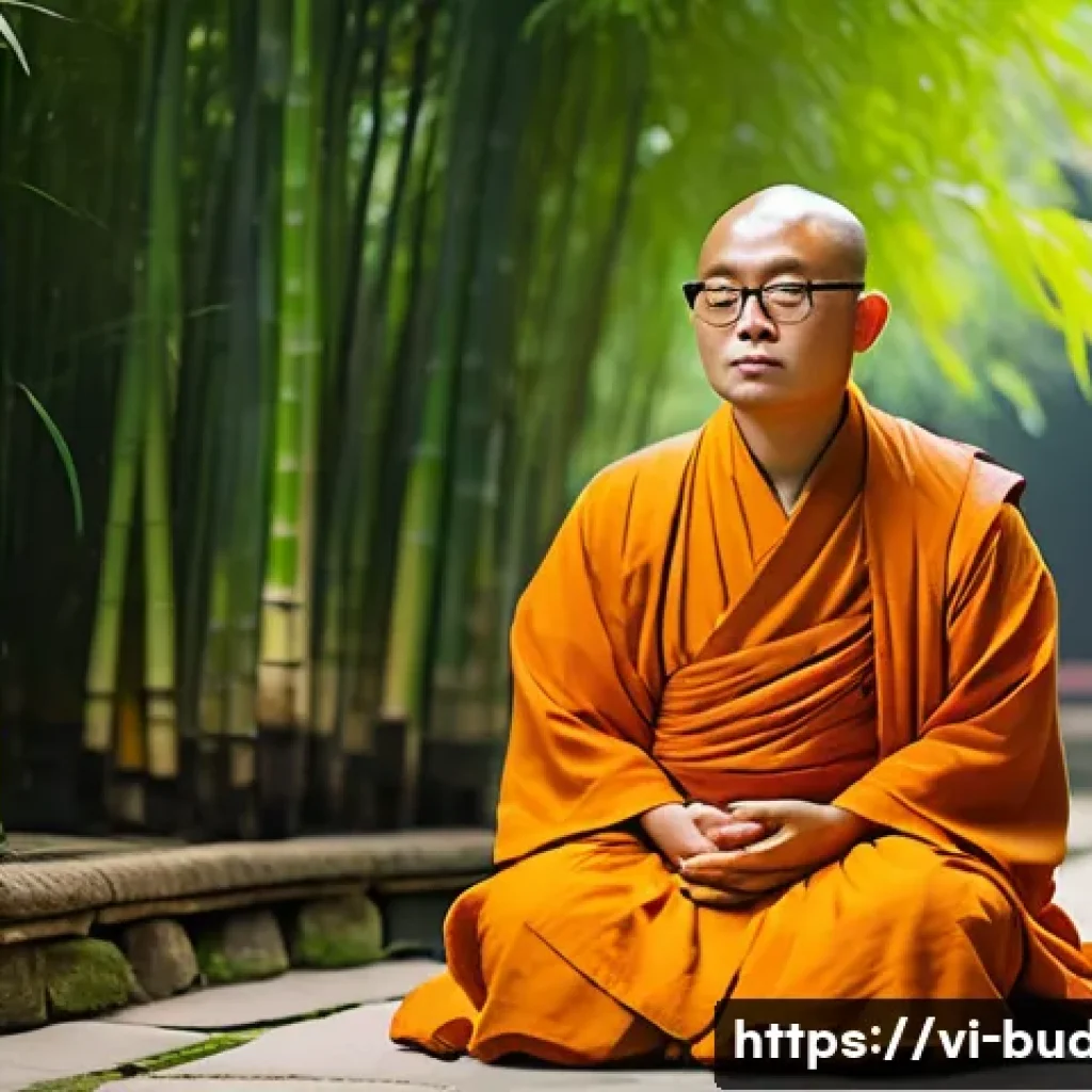 불교에서의 실천적 지혜 - A serene Vietnamese Buddhist monk sitting peacefully in a traditional temple garden during early mor...