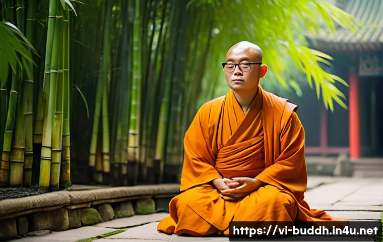 불교에서의 실천적 지혜 - A serene Vietnamese Buddhist monk sitting peacefully in a traditional temple garden during early mor...