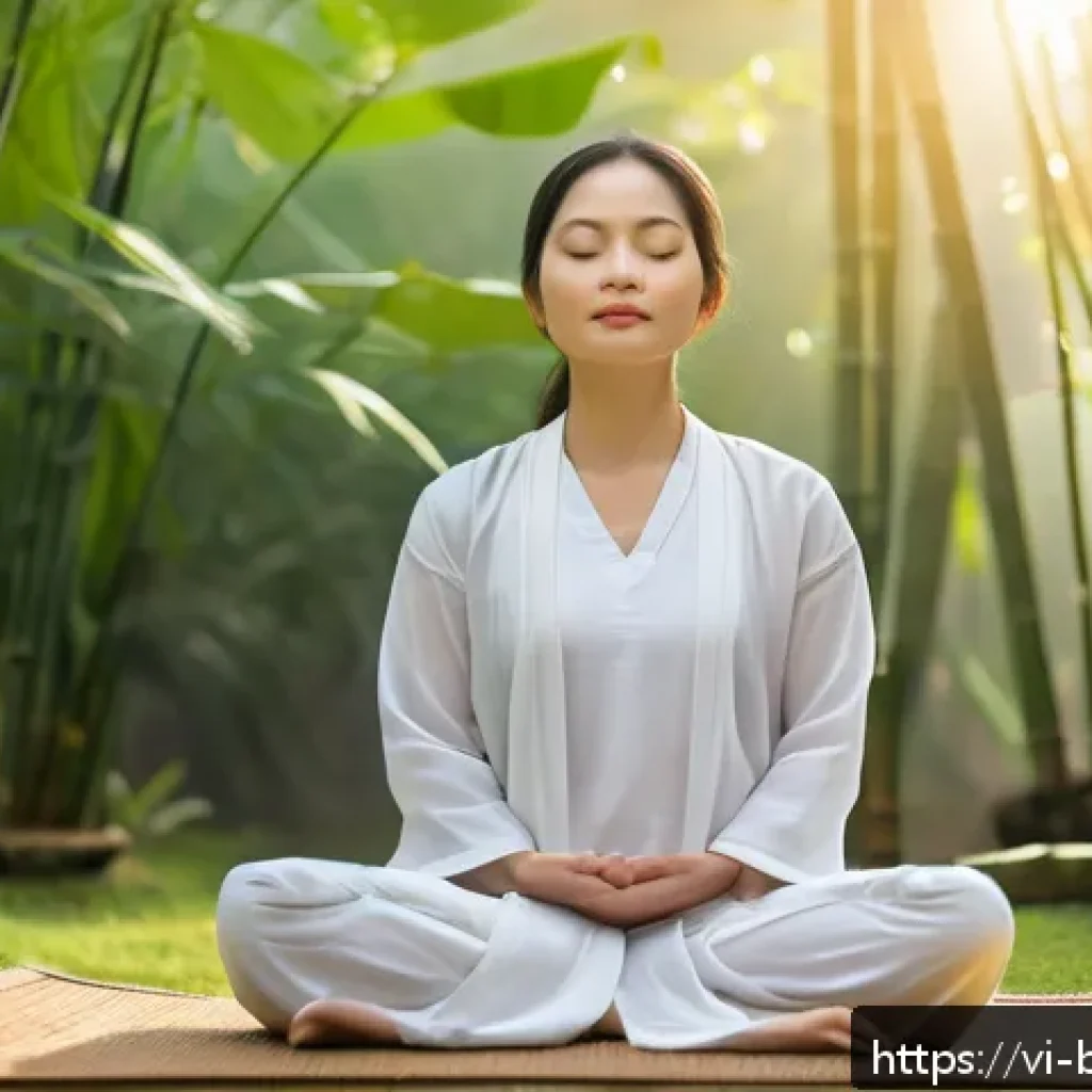 불교에서의 기도 명상 - A serene Vietnamese woman practicing mindful meditation outdoors at sunrise in a tranquil garden set...