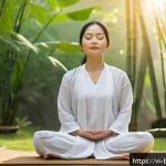Home 22 불교에서의 기도 명상 - A serene Vietnamese woman practicing mindful meditation outdoors at sunrise in a tranquil garden set...