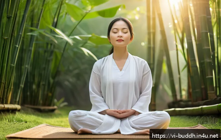 불교에서의 기도 명상 - A serene Vietnamese woman practicing mindful meditation outdoors at sunrise in a tranquil garden set...