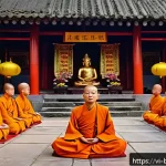 Home 21 대승불교와 소승불교의 차이 - A serene Vietnamese Buddhist temple courtyard during a traditional festival, featuring monks and lay...