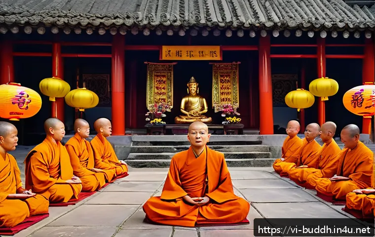 대승불교와 소승불교의 차이 - A serene Vietnamese Buddhist temple courtyard during a traditional festival, featuring monks and lay...