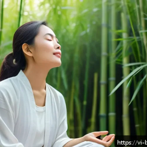 Home 32 불교에서의 고요와 침묵 - A serene Vietnamese woman practicing mindful breathing meditation outdoors in a tranquil garden sett...