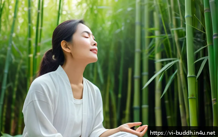 불교에서의 고요와 침묵 - A serene Vietnamese woman practicing mindful breathing meditation outdoors in a tranquil garden sett...