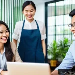 Home 19 불교에서의 자비의 개념 - A warm and inviting Vietnamese office scene showing diverse colleagues in business casual attire sha...