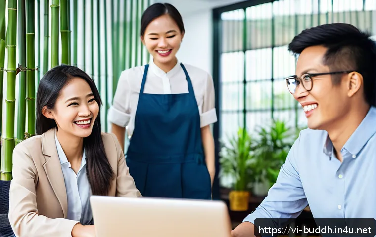 불교에서의 자비의 개념 - A warm and inviting Vietnamese office scene showing diverse colleagues in business casual attire sha...
