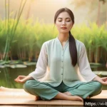 Home 18 불교에서의 단순한 삶 - A serene Vietnamese woman practicing mindful breathing meditation outdoors at sunrise, wearing simpl...
